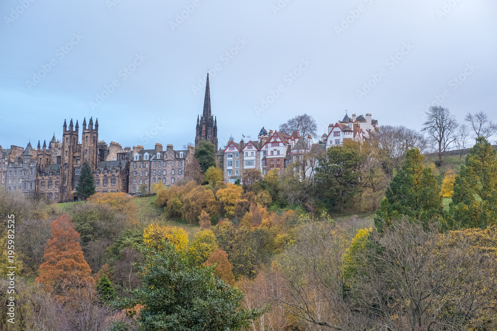 Beautiful view of Ramsay Gardens and building on Royal Miles in Edinburgh, United Kingdom