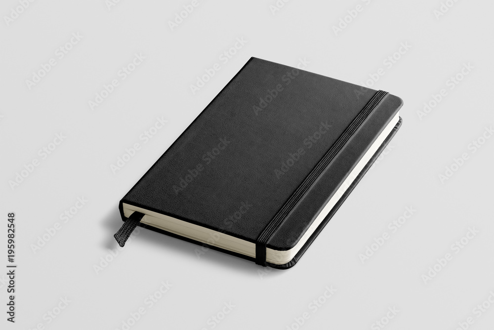 Photorealistic black leather notebook mockup on light grey background, front view.  - obrazy, fototapety, plakaty 