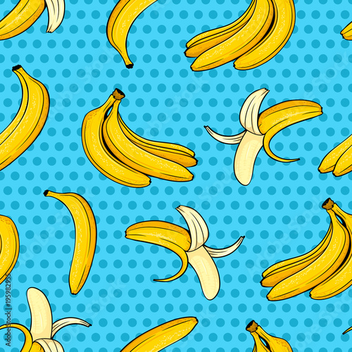 Tela Different hand drawn yellow banana on blue dots background