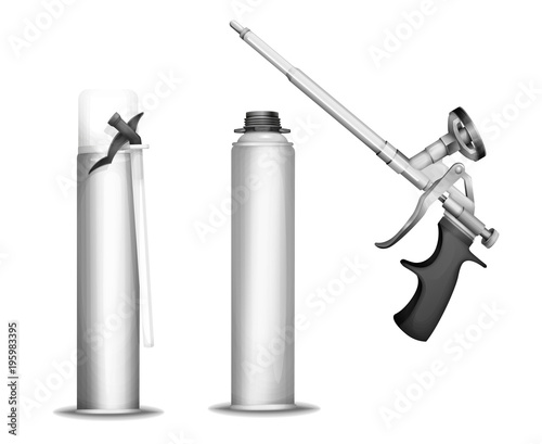 Construction foam bottle vector illustration of 3D PU foam sprayer gun or pistol and metallic container tube. Realistic isolated details of construction foam bottle mockup model