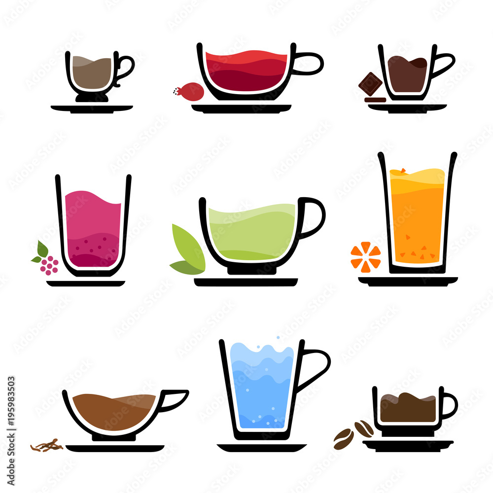 Set of cup of tea, coffee, water, milk or juice. Color icons of beverages. JPG include isolated path Set of cup of tea, coffee, water, milk or juice. Color icons of beverages. JPG include isolated path