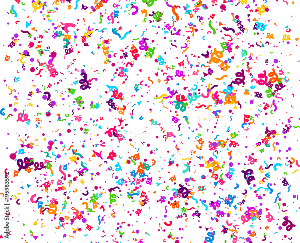 Carnaval or Festival Confetti. Colorful confetti pieces. Celebration party or Holiday background. Flying colorful glitter particles. Decoration pattern. Vector