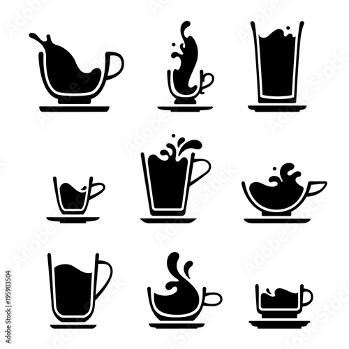 Set of splash silhouette cup of tea, coffee, water, milk or juice. Black and white icons. JPG include isolated path