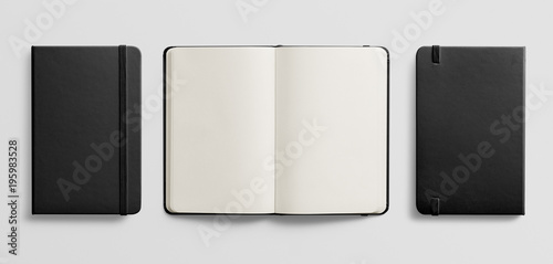Photorealistic black leather notebook mockup on light grey background, front, rear and opened view.  photo
