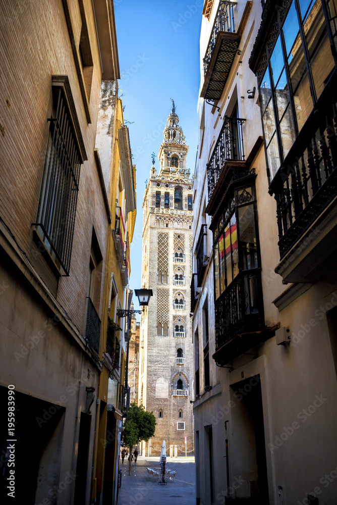 The Giralda, bell tower of the Cathedral of Seville in Seville, Andalusia, Spain