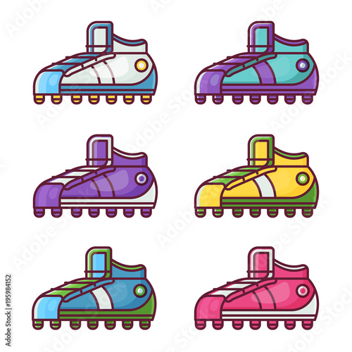 Different sneakers and football boots icons in flat design. Colorful sport shoes set.