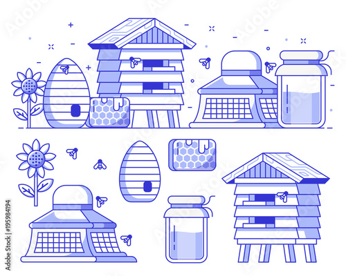 Apiary and beekeeping icon set with apiarist equipment and essentials. Such as beekeeper hat, honey jar, hive and bee house. Beer-garden concept banner illustration. Honey harvest icons and elements.
