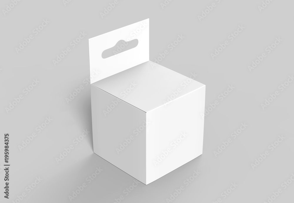 Obraz premium Hanging white blank cardboard packaging box with hang tab retail box for mock up design and design presentation. 3d render illustration.