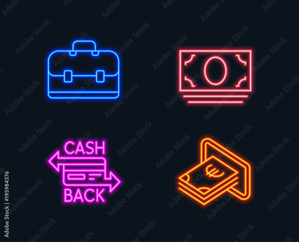 Neon lights. Set of Cash money, Portfolio and Cashback card icons. Cash sign. Banking currency, Business case, Money payment. Atm payment. Glowing graphic designs. Vector Neon lights. Set of Cash money, Portfolio and Cashback card icons. Cash sign. Banking currency, Business case, Money payment. Atm payment. Glowing graphic designs. Vector