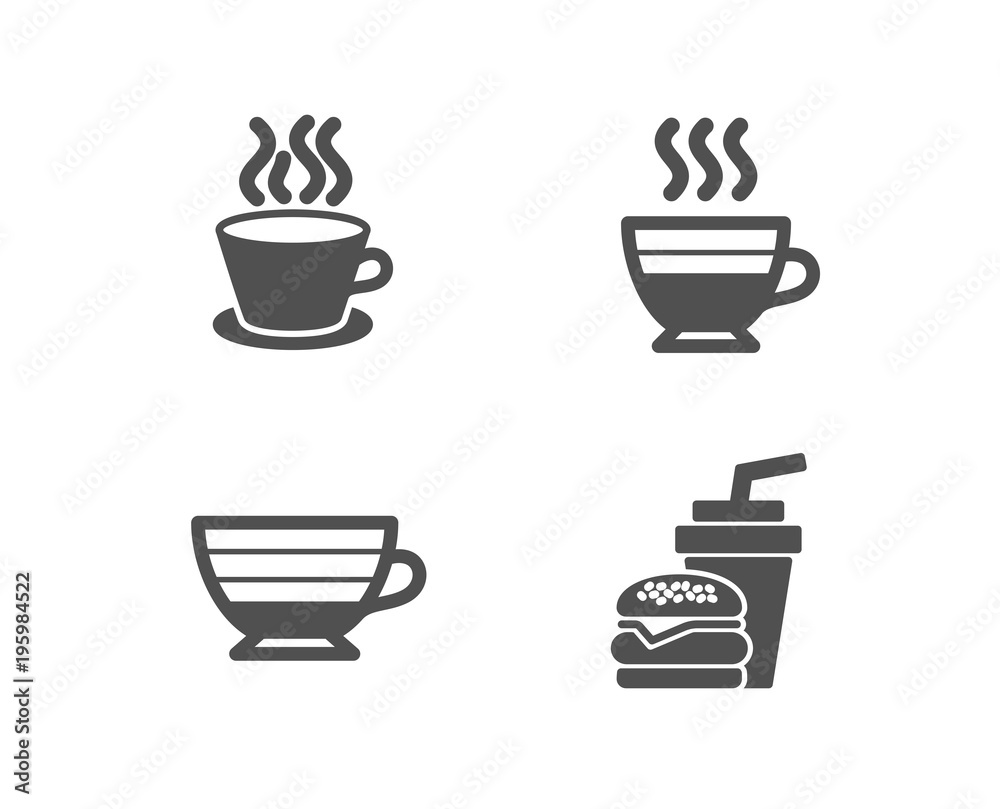 Set of Cappuccino, Tea cup and Cafe creme icons. Hamburger sign. Coffee cup, Coffee mug, Burger with drink. Quality design elements. Classic style. Vector Set of Cappuccino, Tea cup and Cafe creme icons. Hamburger sign. Coffee cup, Coffee mug, Burger with drink. Quality design elements. Classic style. Vector