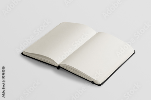 Photorealistic black leather notebook mockup on light grey background, opened view. 