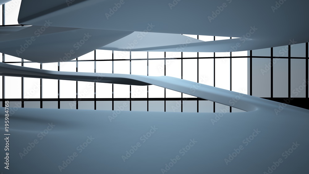 Abstract dynamic interior with black smooth objects. 3D illustration and rendering Abstract dynamic interior with black smooth objects. 3D illustration and rendering