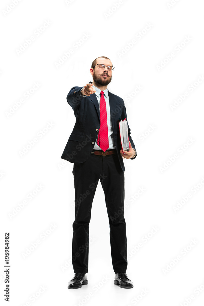 Obraz premium Full body portrait of businessman with folder on white
