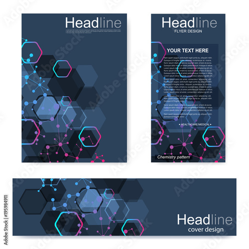 Set flyer, brochure size A4 template,banner. Molecular structure with connected lines and dots. Scientific pattern atom DNA with elements for magazine, leaflet, cover, poster design.