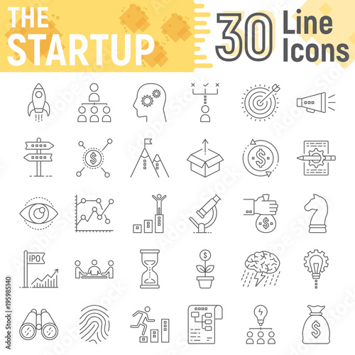 Startup thin line icon set, development symbols collection, vector sketches, logo illustrations, business finance signs linear pictograms package isolated on white background, eps 10.