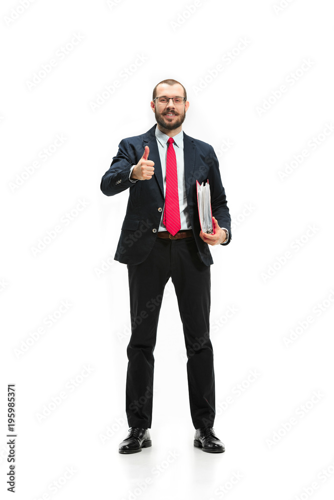 Full body portrait of businessman with folder on white Full body portrait of businessman with folder on white