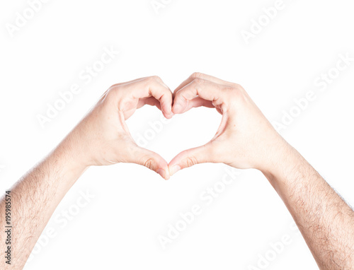 Hands forming a heart shape  on white background.