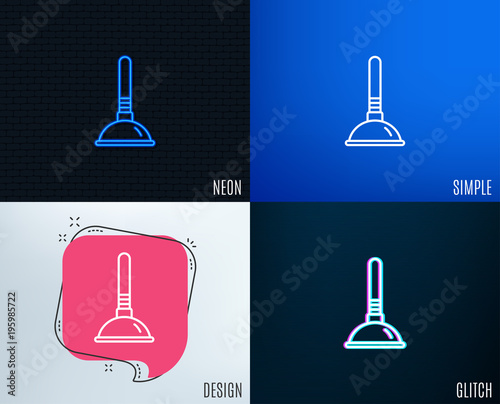Glitch, Neon effect. Cleaning plunger line icon. Ð¡leaning of pipe clogs symbol. Housekeeping equipment sign. Trendy flat geometric designs. Vector