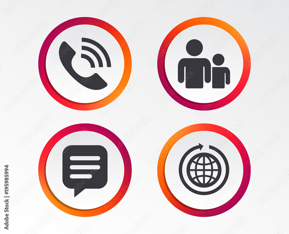 Group of people and share icons. Speech bubble and round the world arrow symbols. Communication signs. Infographic design buttons. Circle templates. Vector Group of people and share icons. Speech bubble and round the world arrow symbols. Communication signs. Infographic design buttons. Circle templates. Vector
