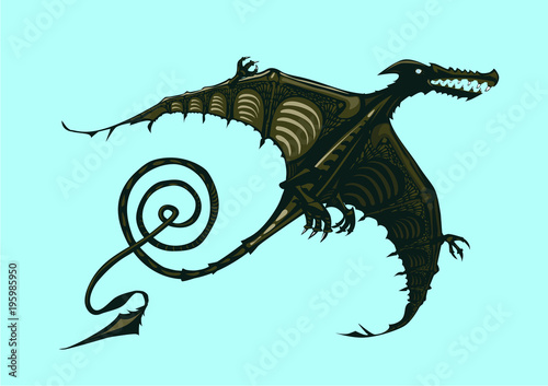 Dinosaur silhouette on isolated background. Color pterodactyl. Tattoo style.