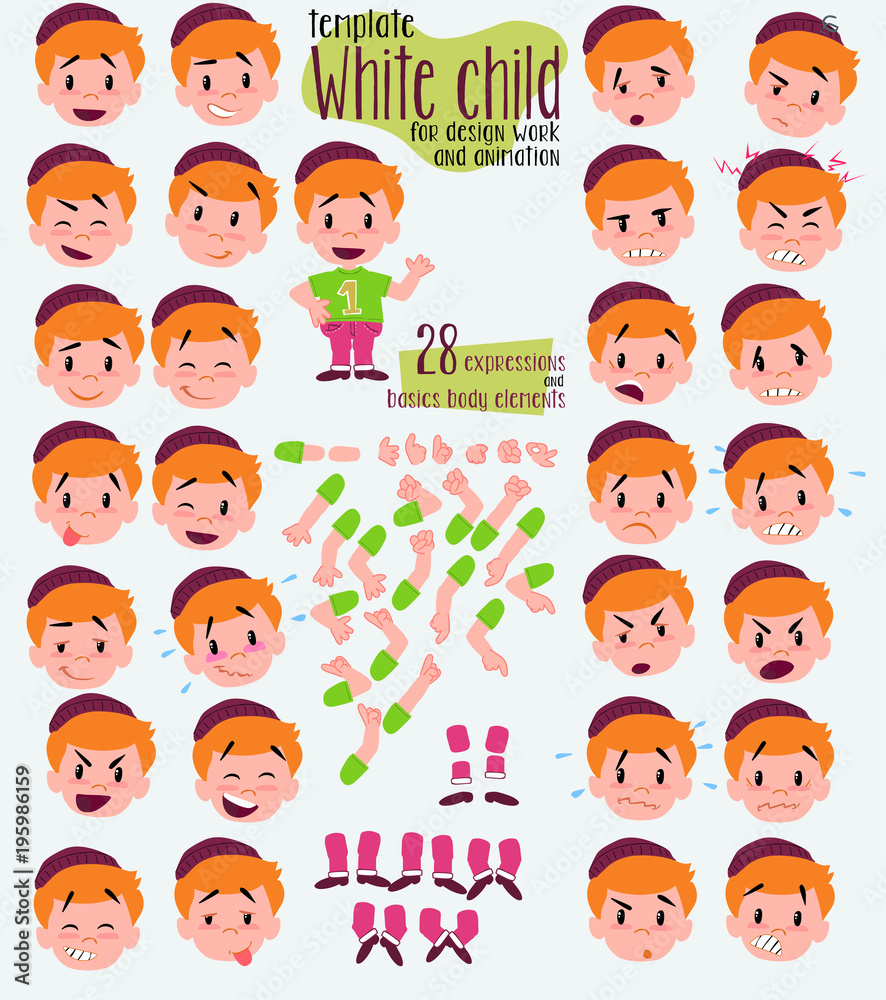 Hipster boy. Twenty eight expressions and basics body elements, template for design work and animation. Vector illustration to Isolated and funny cartoon character. Hipster boy. Twenty eight expressions and basics body elements, template for design work and animation. Vector illustration to Isolated and funny cartoon character.