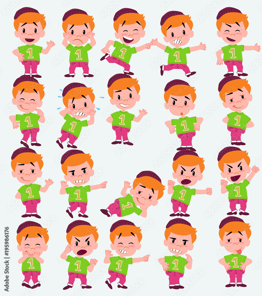 Cartoon character of a hipster boy. Set with different postures, attitudes and poses, doing different activities in isolated vector illustrations.
