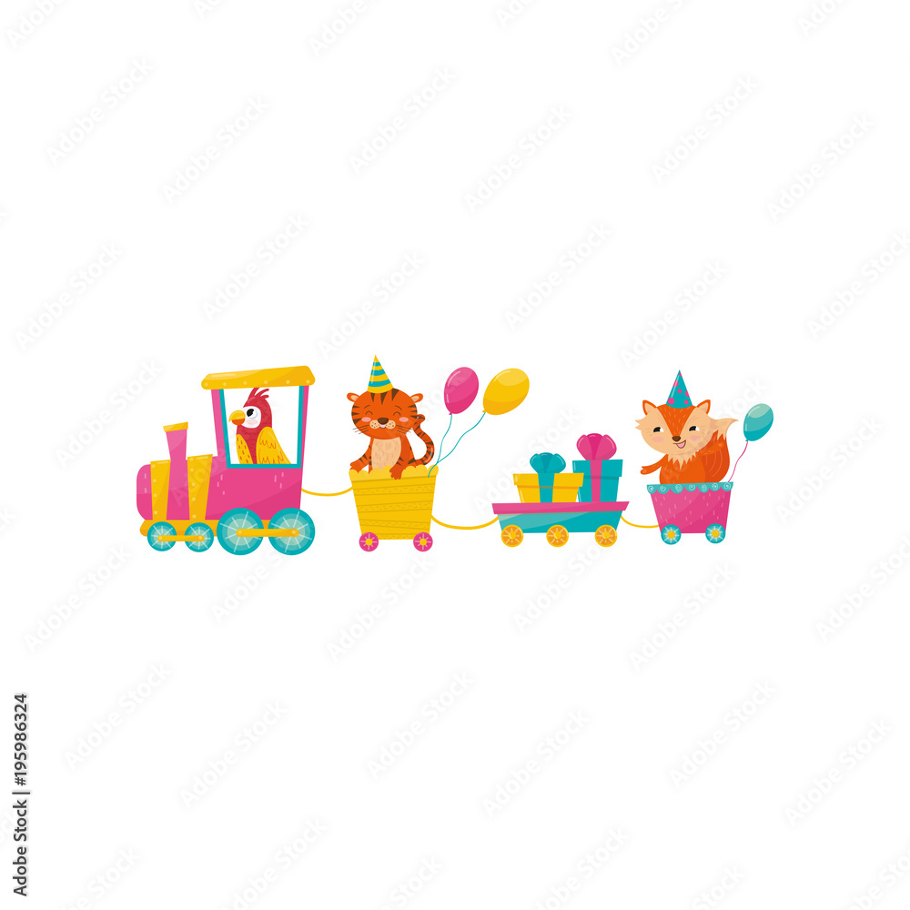 Funny parrot, tiger and fox with balloons on train. Gift boxes in little wagon. Cartoon animals characters. Colorful flat vector design for print, poster or greeting card