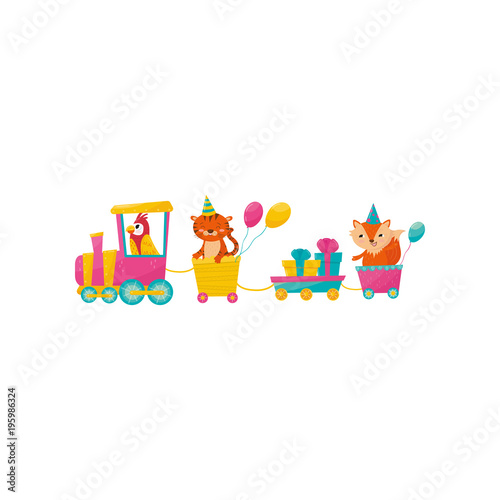 Funny parrot  tiger and fox with balloons on train. Gift boxes in little wagon. Cartoon animals characters. Colorful flat vector design for print  poster or greeting card