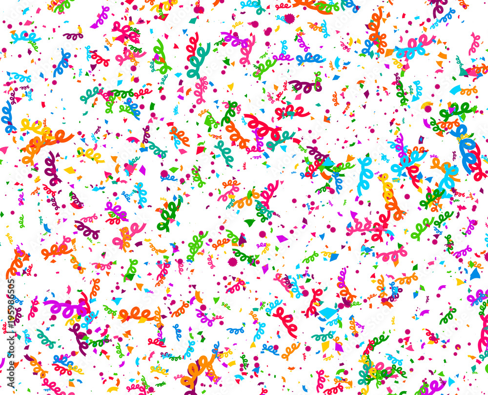 Carnaval or Festival Confetti. Colorful confetti pieces. Celebration party or Holiday background. Flying colorful glitter particles. Decoration pattern. Vector