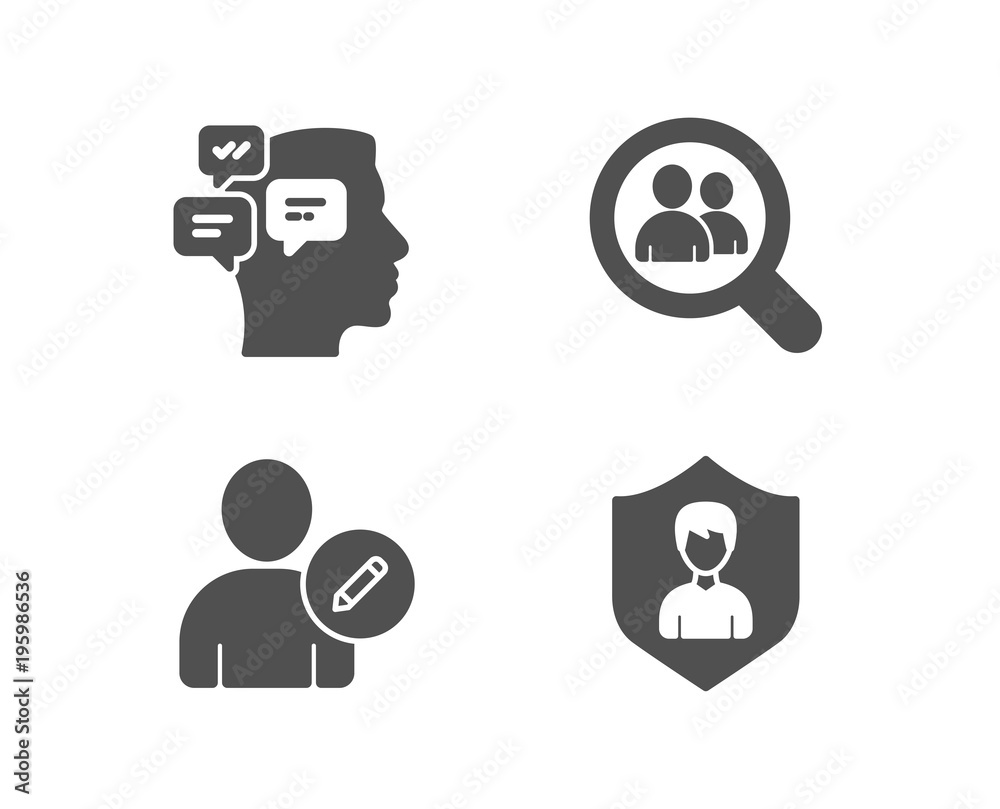 Set of Edit user, Messages and Search employees icons. Security agency sign. Profile data, Notifications, Staff analysis. People protection.  Quality design elements. Classic style. Vector