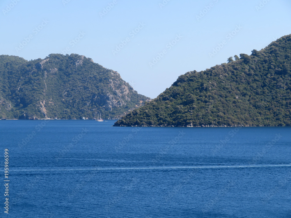 Coastline in the Mediterranean sea. Beautiful rocky Islands in the sea near Marmaris in Turkey