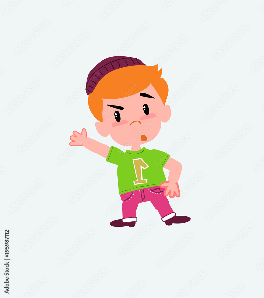 Hipster boy something angry shows something to his right. Hipster boy something angry shows something to his right.