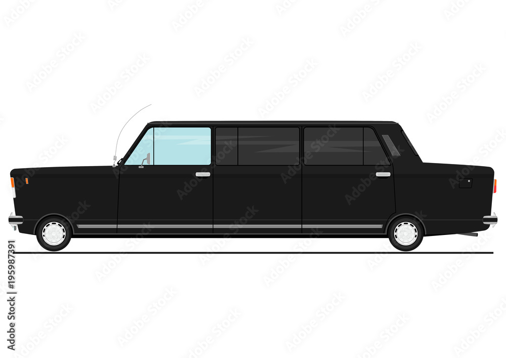 Black cartoon stretch limo. Limousine side view. Flat vector.