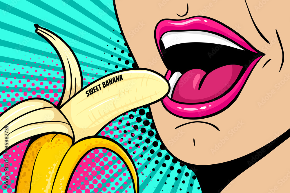 Close Up Of Sexy Open Female Mouth Eating Banana With Sweet Banana Lettering Vector Colorful 