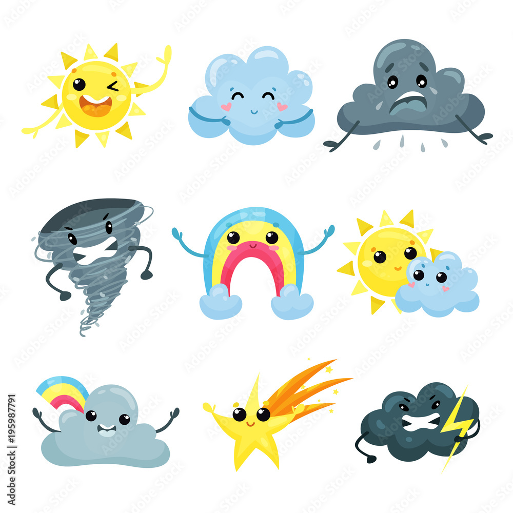 Set of weather forecast icons with funny faces. Cartoon sun, cute rainbow, falling star, angry tornado, sad, happy and mad cloud. Flat vector for mobile app or sticker