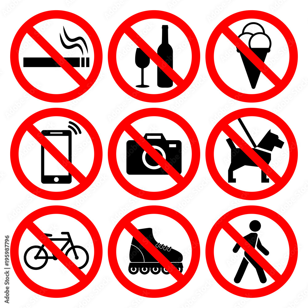Black forbidden symbols in the a crossed red circle isolated on white background. Black forbidden symbols in the a crossed red circle isolated on white background.