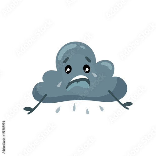 Gray humanized cloud with rain drops. Sad face with tears. Cartoon weather character. Flat vector element for sticker, mobile app or print