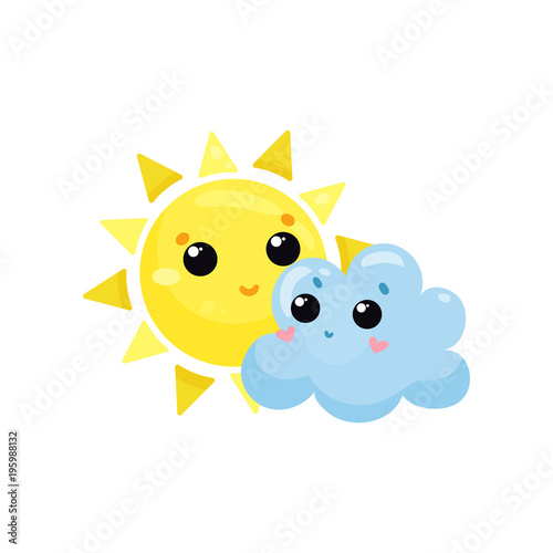 Cartoon yellow sun and blue cloud with kawaii faces. Cute weather and sky element. Flat vector design for mobile app, sticker, children t-shirt print