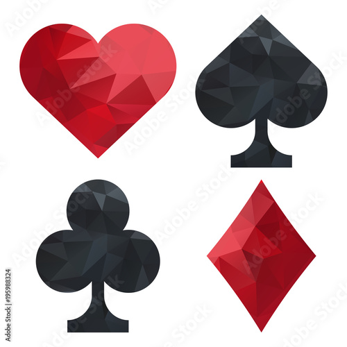 Card suits: spades, clubs, hearts, diamonds. Low-polygon pattern. Collection for games, web interface, applications isolated on a white. Vector illustration.