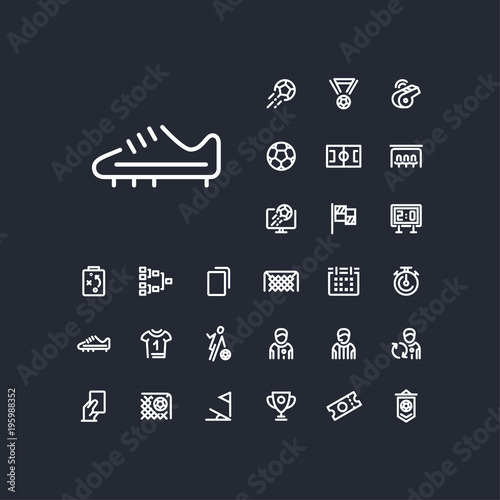 Soccer shoe icon in set on the black background. Soccer / football linear icons to use in web and mobile app.