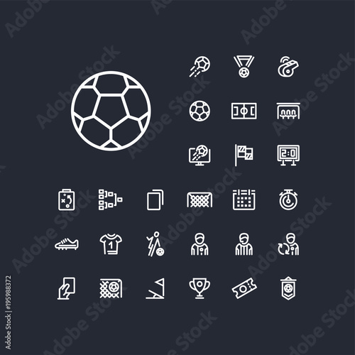 Soccer ball icon in set on the black background. Soccer / football linear icons to use in web and mobile app.