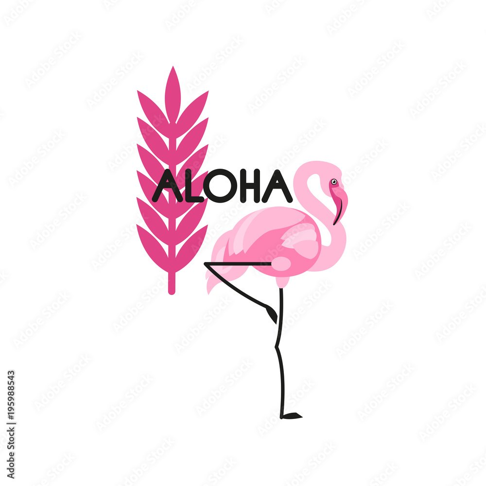Flamingo label and tropical leaf. The inscription Flamingo label and tropical leaf. The inscription
