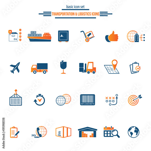  Logistics service icon set. Fast delivery and quality service transportation. Shipping vector icons for logistic company.