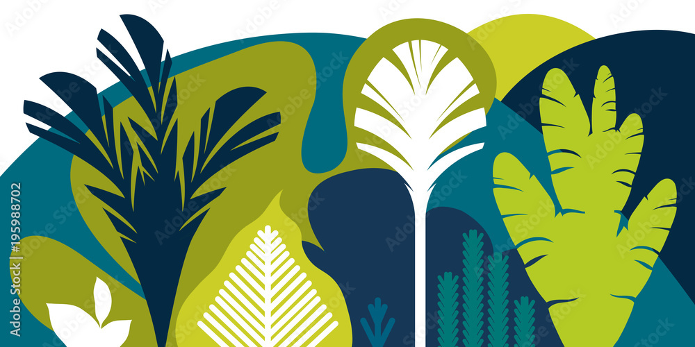 Obraz premium Card, banner, invitation with tropical landscaping, plants, trees, hills and mountains. Preservation of the environment, ecology. Natural parks, tourism, outer space. Flat style. Vector illustration.