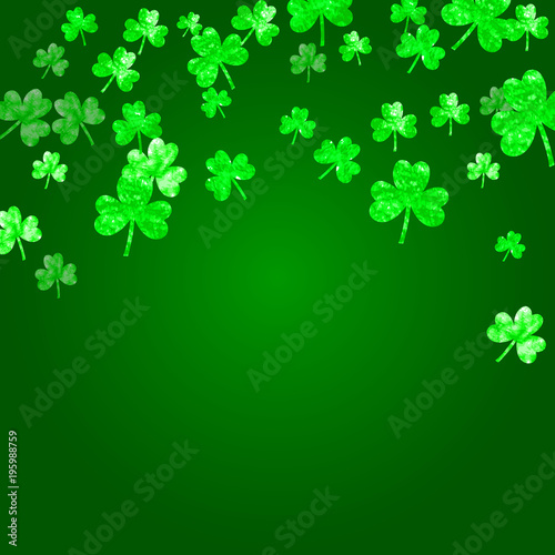 Clover background for Saint Patricks Day. Lucky trefoil confetti. Glitter frame of shamrock leaves. Template for flyer, special business offer, promo. Festal clover background.