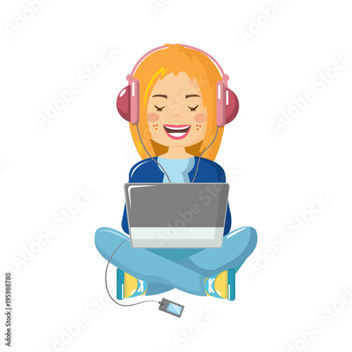 Girl, at home, listening music, working on freelancing in room.