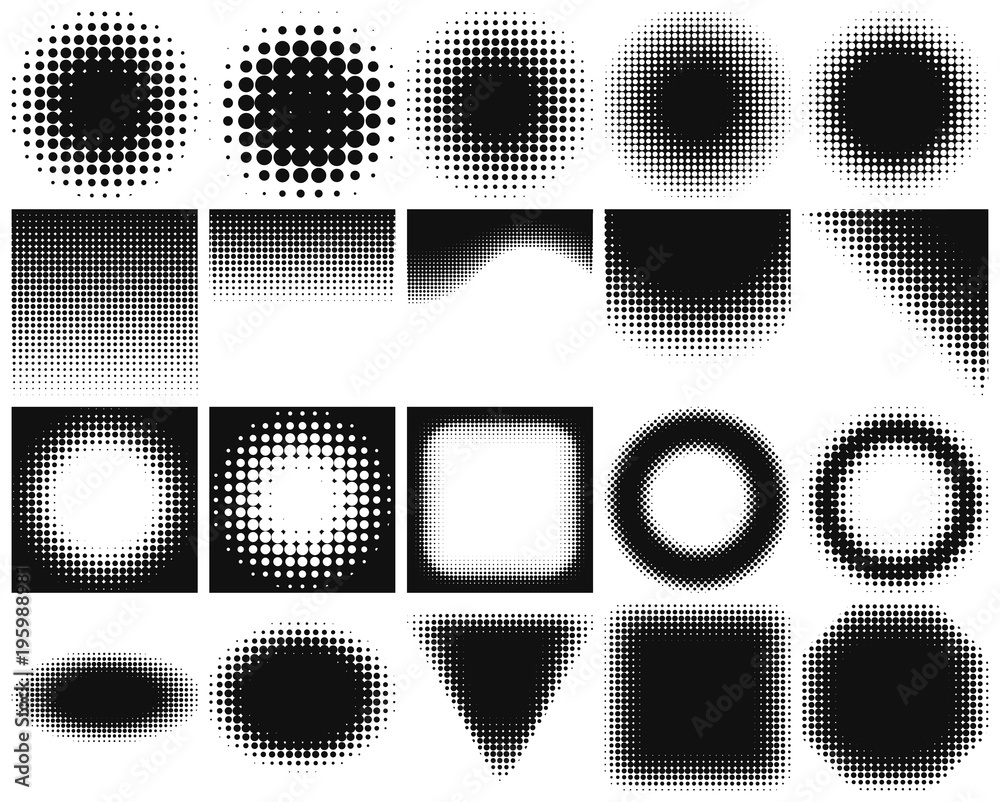 Dotted abstract forms: frames, circles, rectangles. Black dots on white background. Vector illustration. Blank design elements collection with halftone changing from dark to light. 