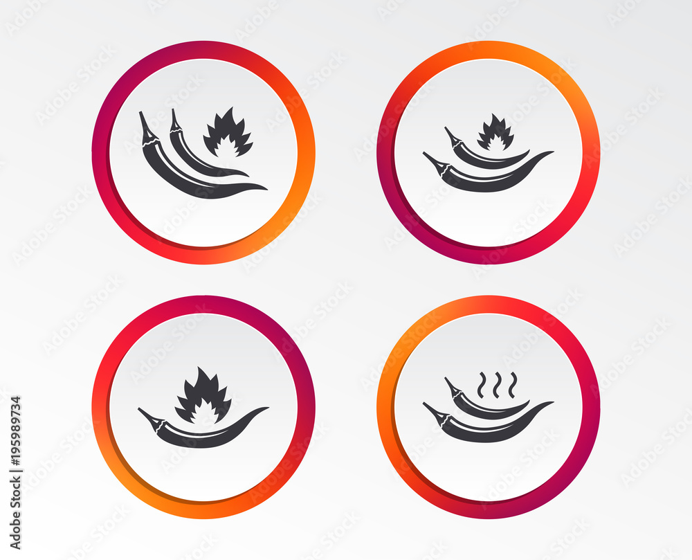 Hot chili pepper icons. Spicy food fire sign symbols. Infographic design buttons. Circle templates. Vector Hot chili pepper icons. Spicy food fire sign symbols. Infographic design buttons. Circle templates. Vector