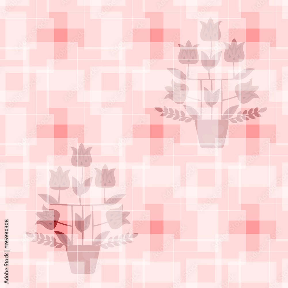 Seamless geometric pattern with silhouette of tulip trees in flowerpots. Print for fabric, wallpaper, fragment of curtain in vector. Seamless geometric pattern with silhouette of tulip trees in flowerpots. Print for fabric, wallpaper, fragment of curtain in vector.