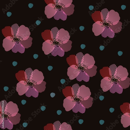 Embroidery seamless pattern. Beautiful poppy flowers and green spots on black background. Vector illustration. Fashion design.